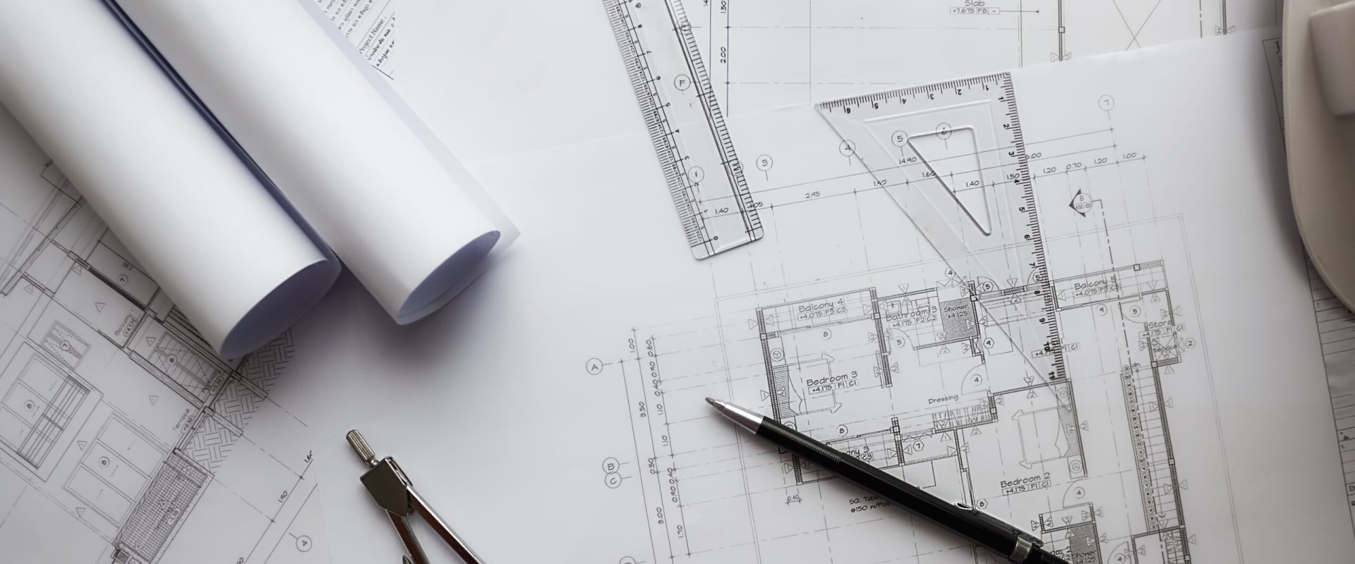 Image of engineering objects on workplace top view.Construction