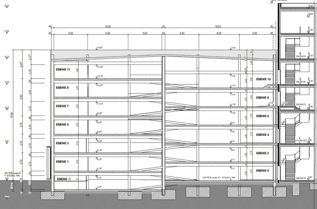 Schnitt eines Plans vom Bau eines Parkhauses in Ingolstadt (Deutschland)