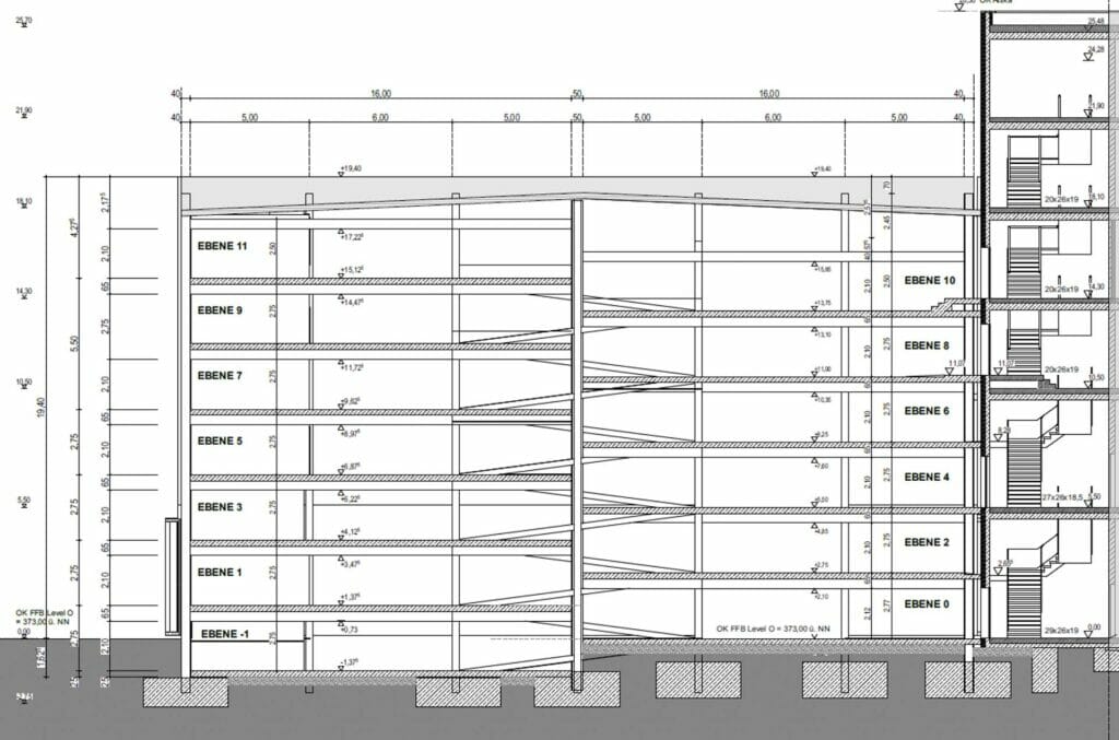 Schnitt eines Plans vom Bau eines Parkhauses in Ingolstadt (Deutschland)